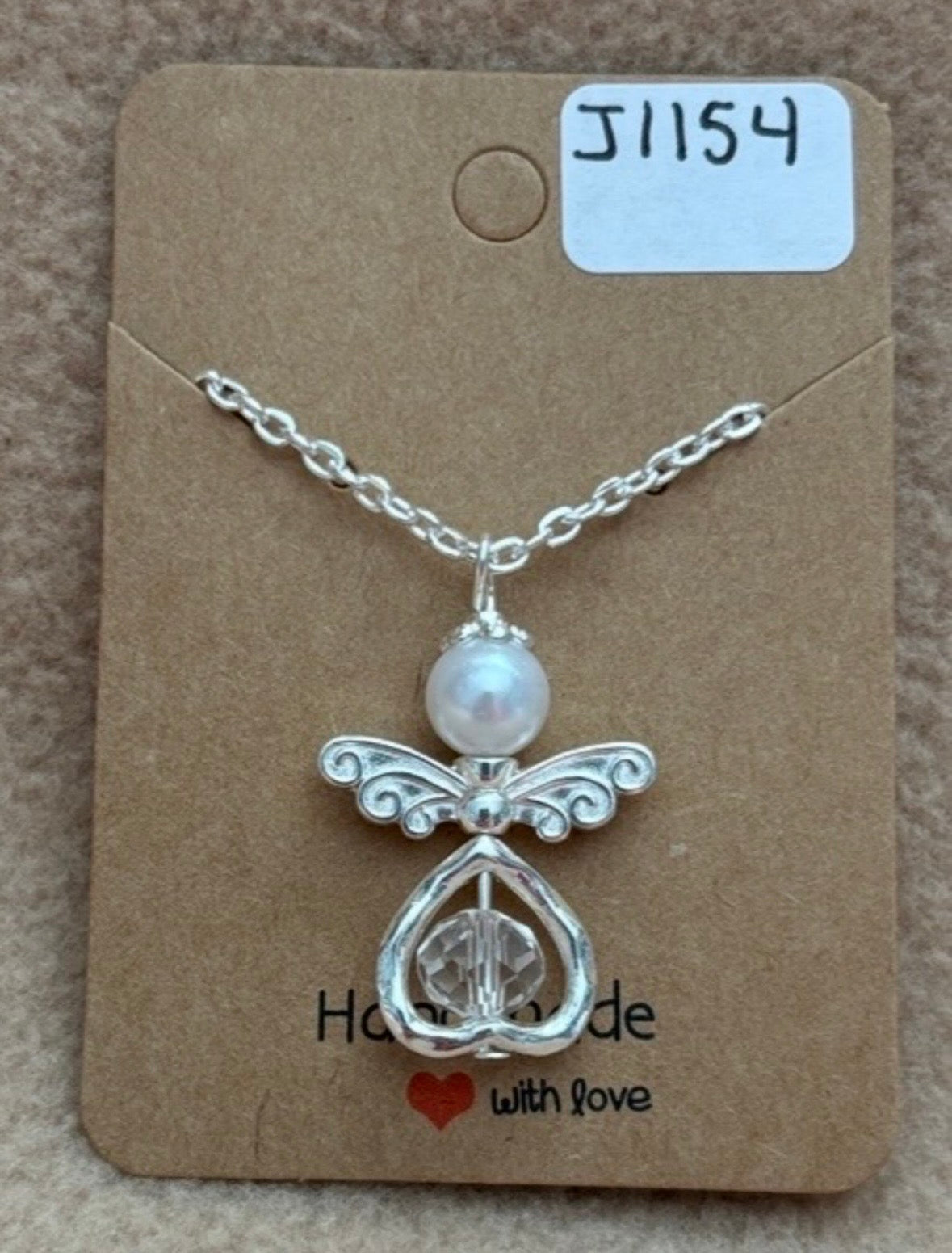 Clear Bead Heart Angel Necklace