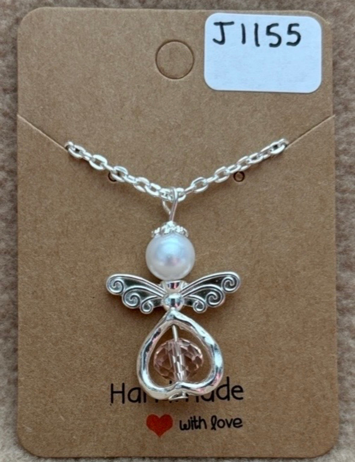 Pink Bead Heart Angel Necklace