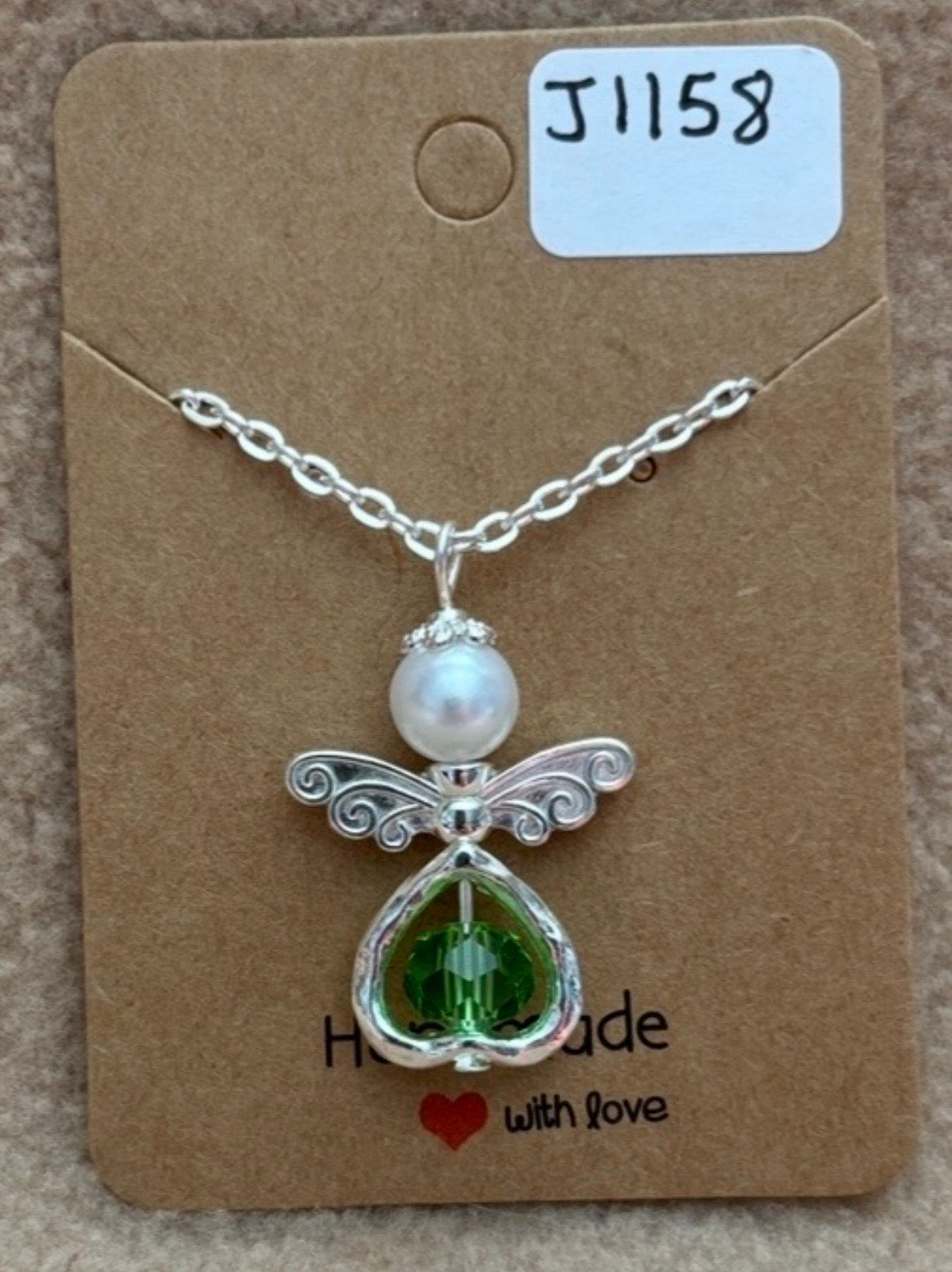 Green Bead Heart Angel Necklace