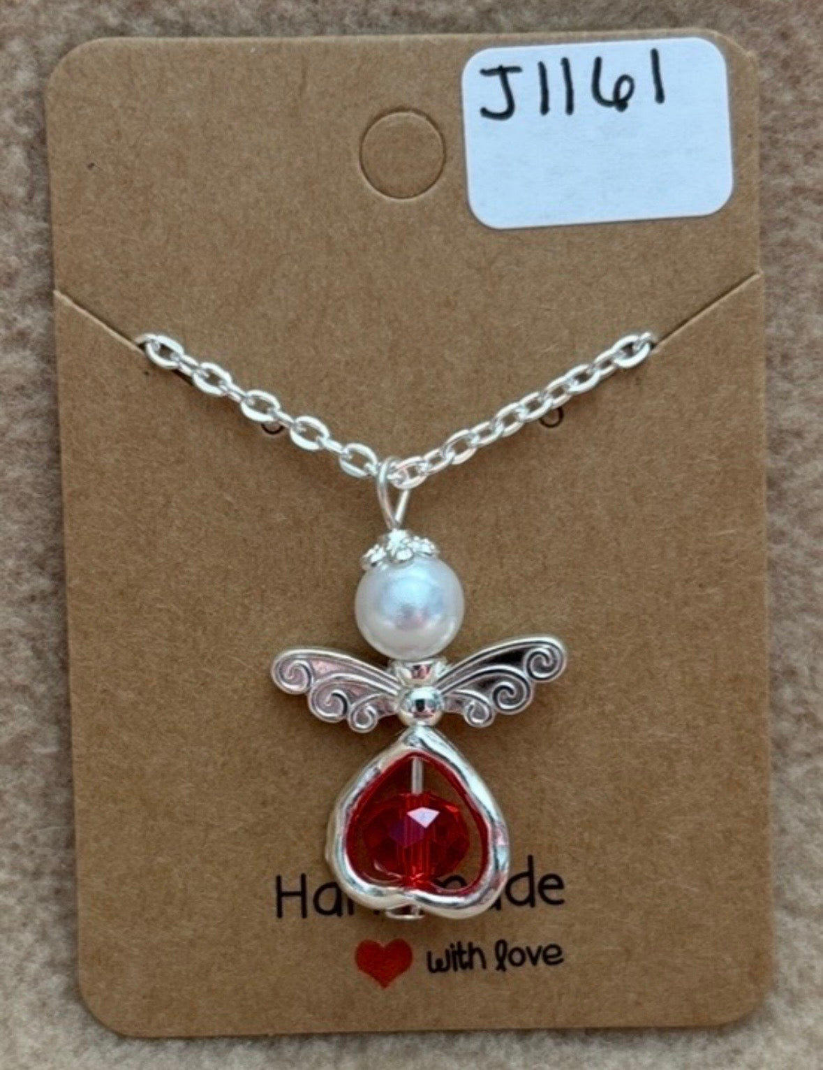 Red Bead Heart Angel Necklace