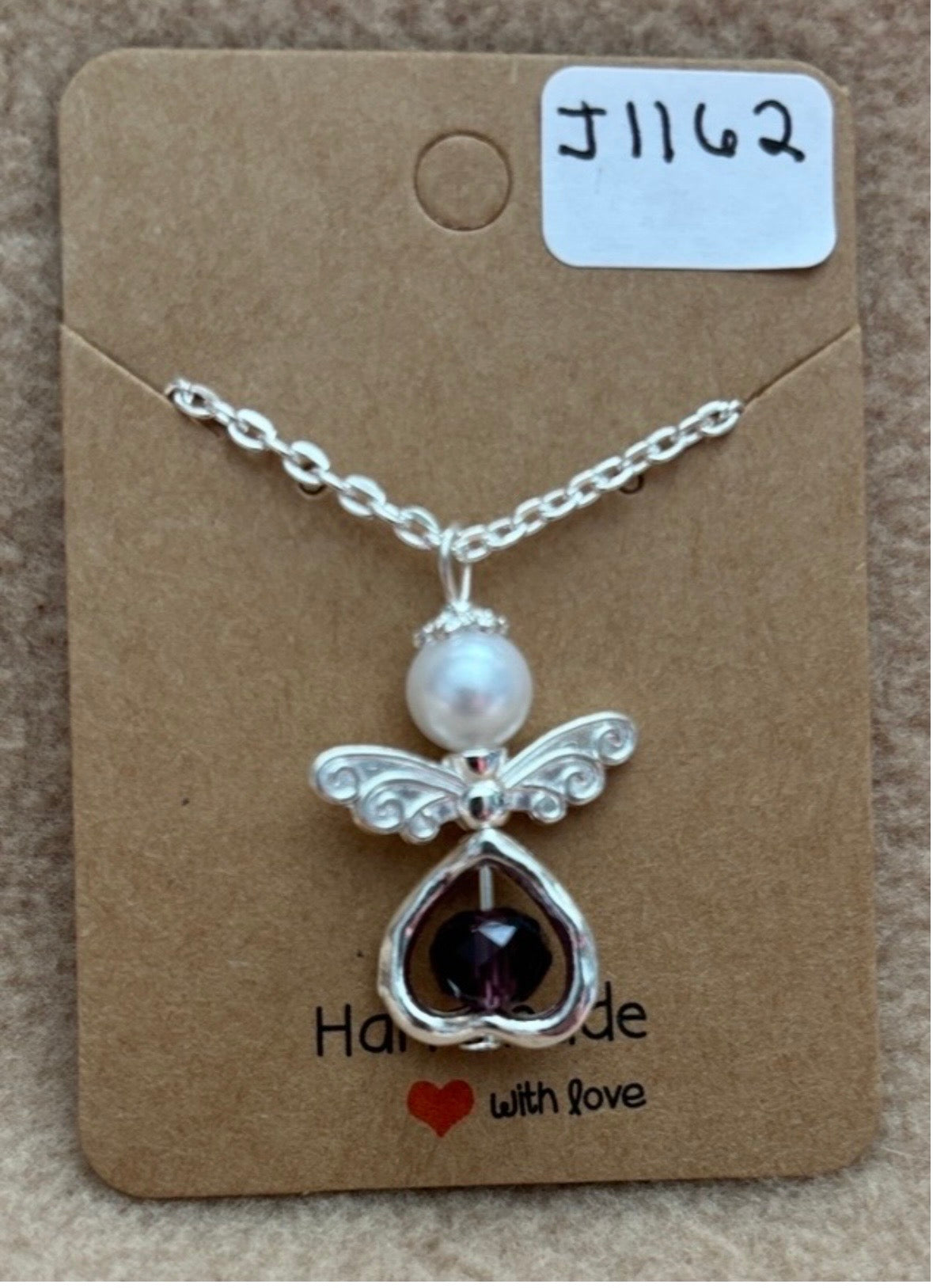 Purple Bead Heart Angel Necklace