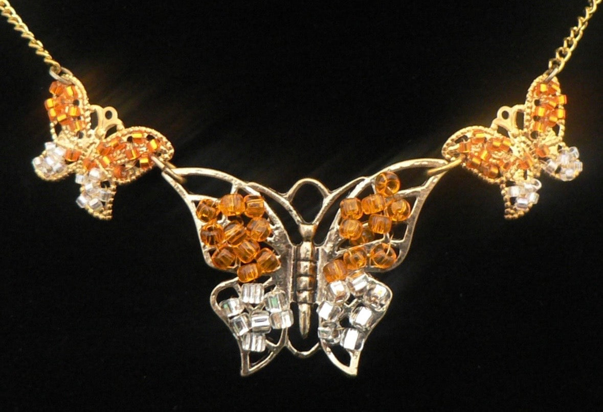 Orange and White Beaded Butterfly Necklace